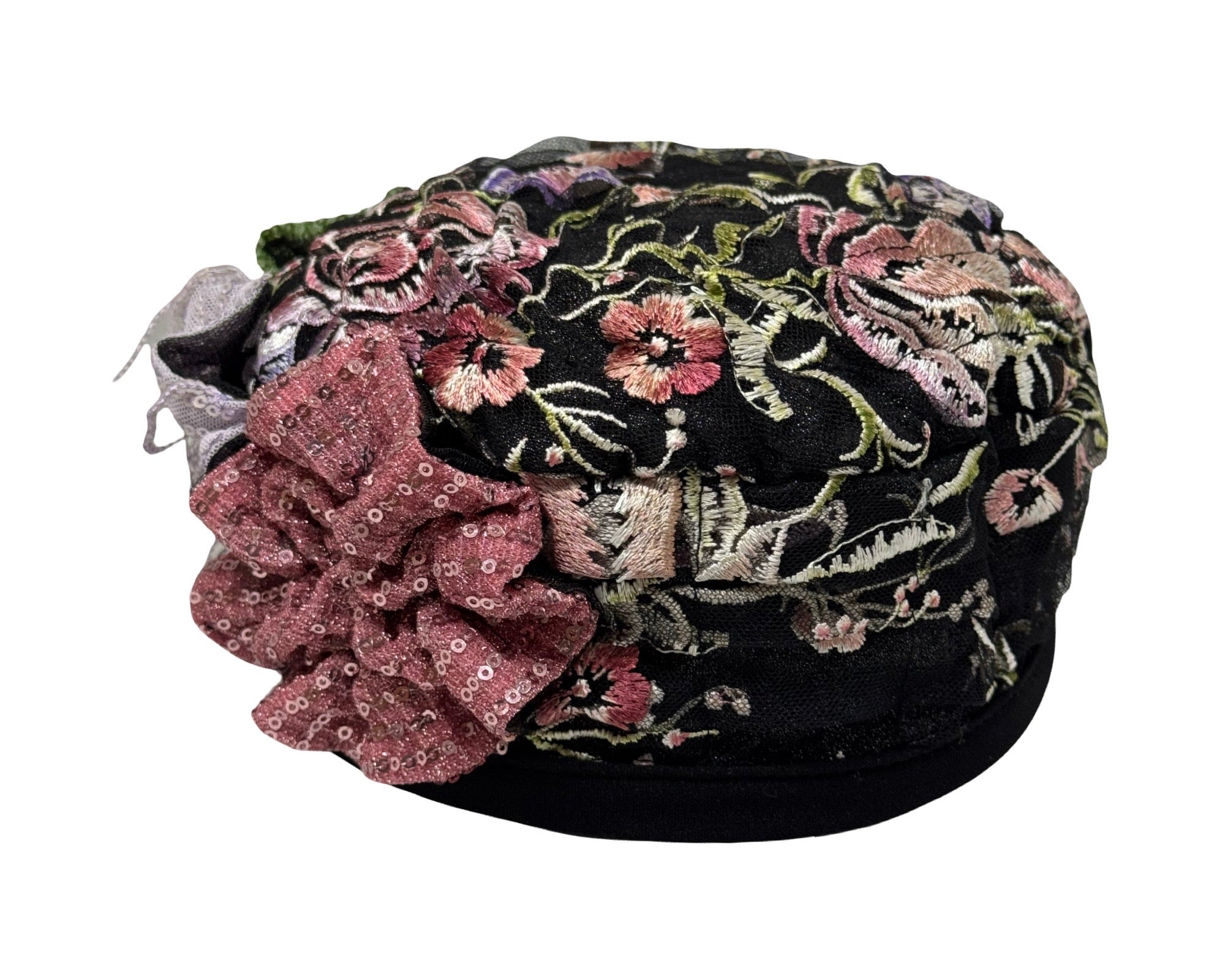 ברט מכווץ רקום פרחים ורוד ירוק (7936220627120)