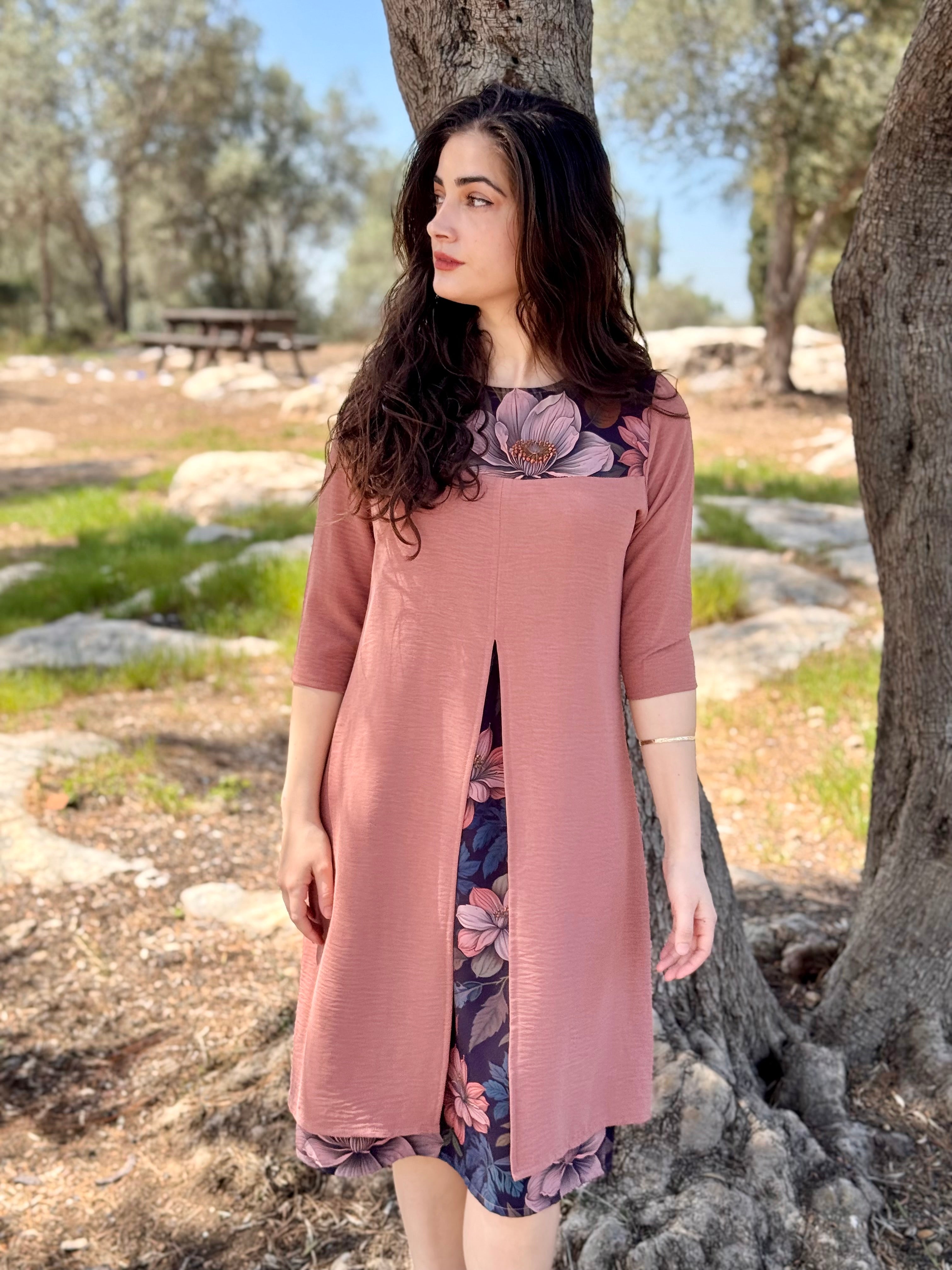 שמלת עדנה ורוד ופרחים (7819560485040)