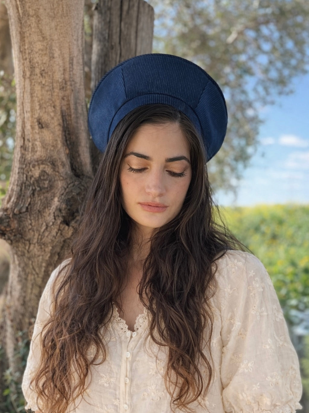 כובע שיק כותנה נייבי פסים