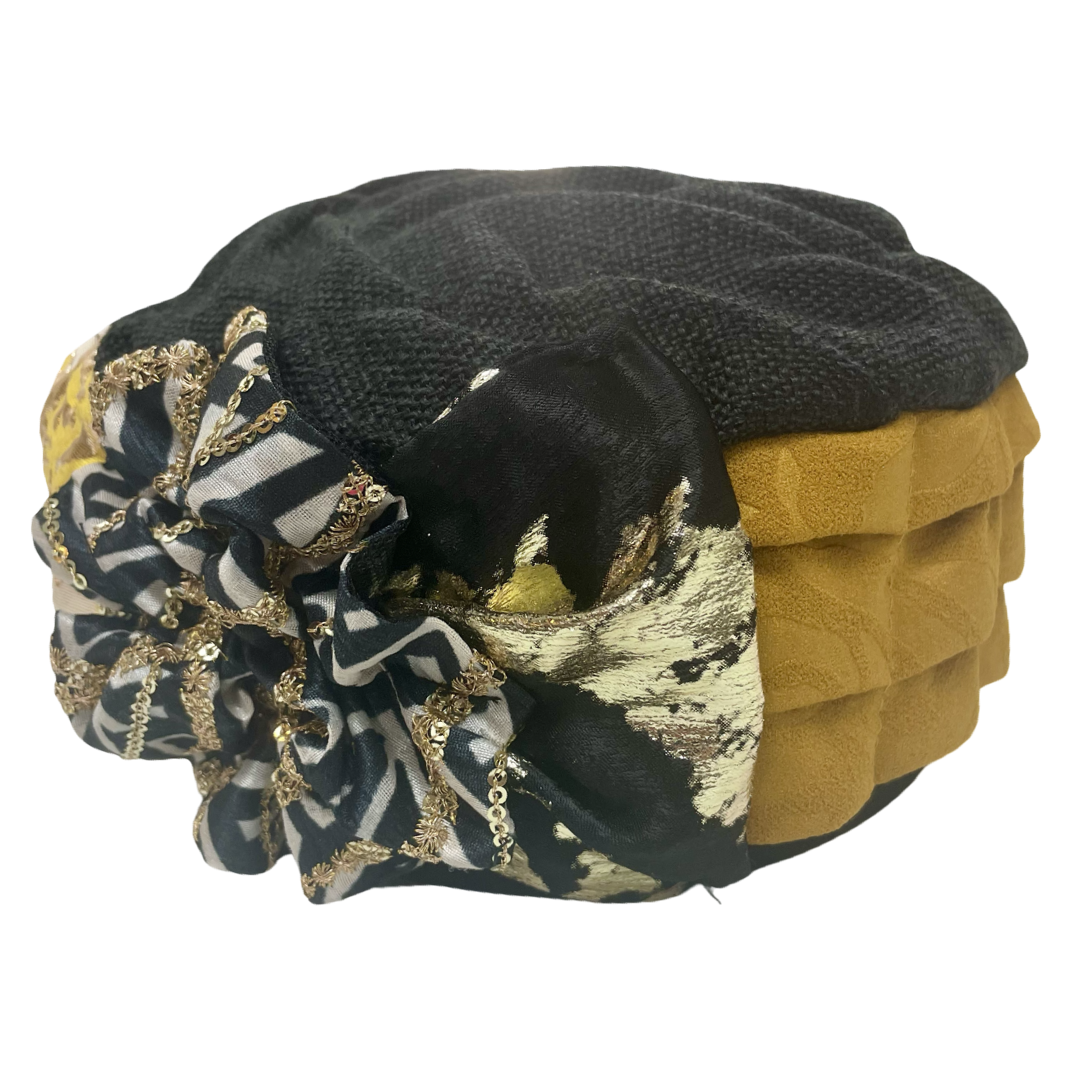 ברט מכווץ פרחים אלגנט שחור חרדל (7856263561392)