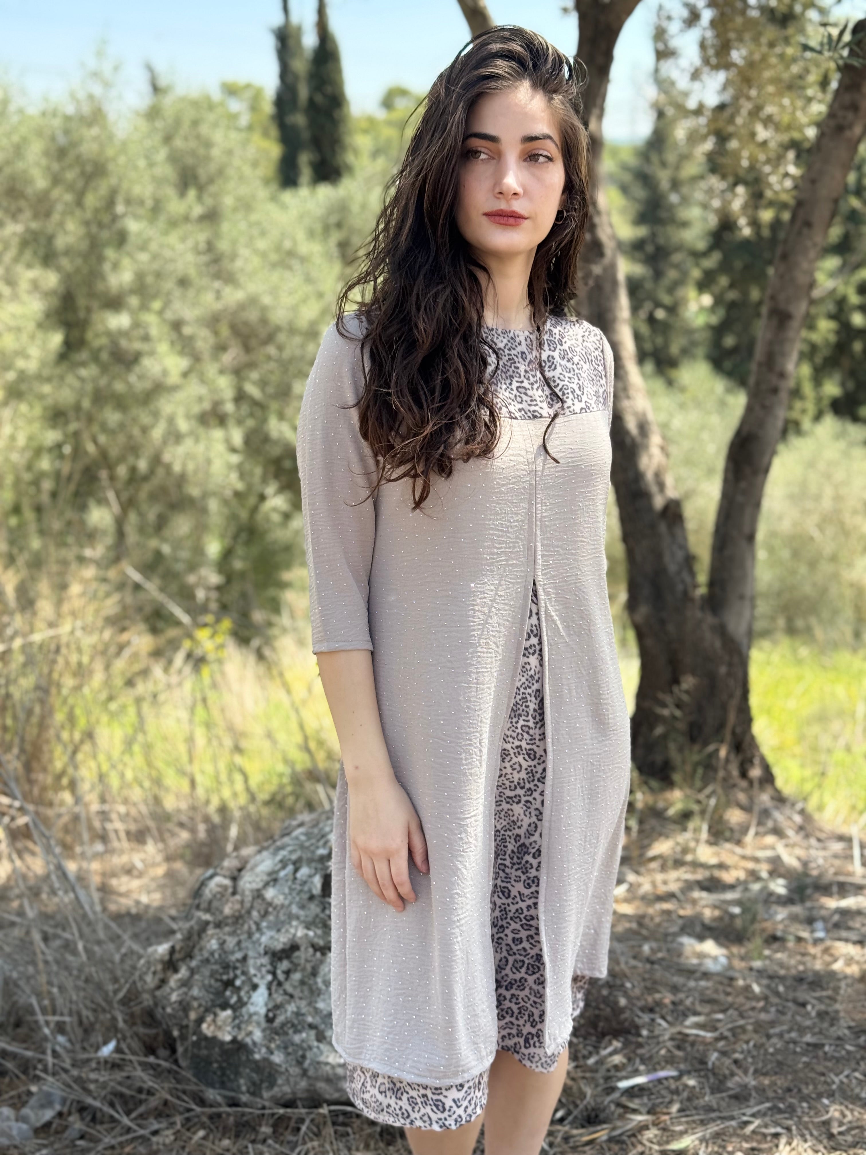 שמלת עדנה בז׳ קריסטל ומנומר (7819559305392)