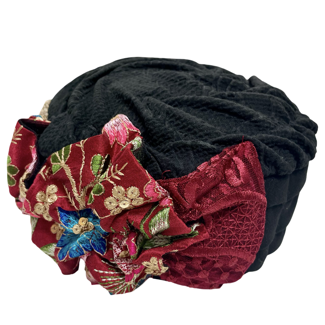 ברט מכווץ פרחים שחור בורדו רקום (7903262802096)