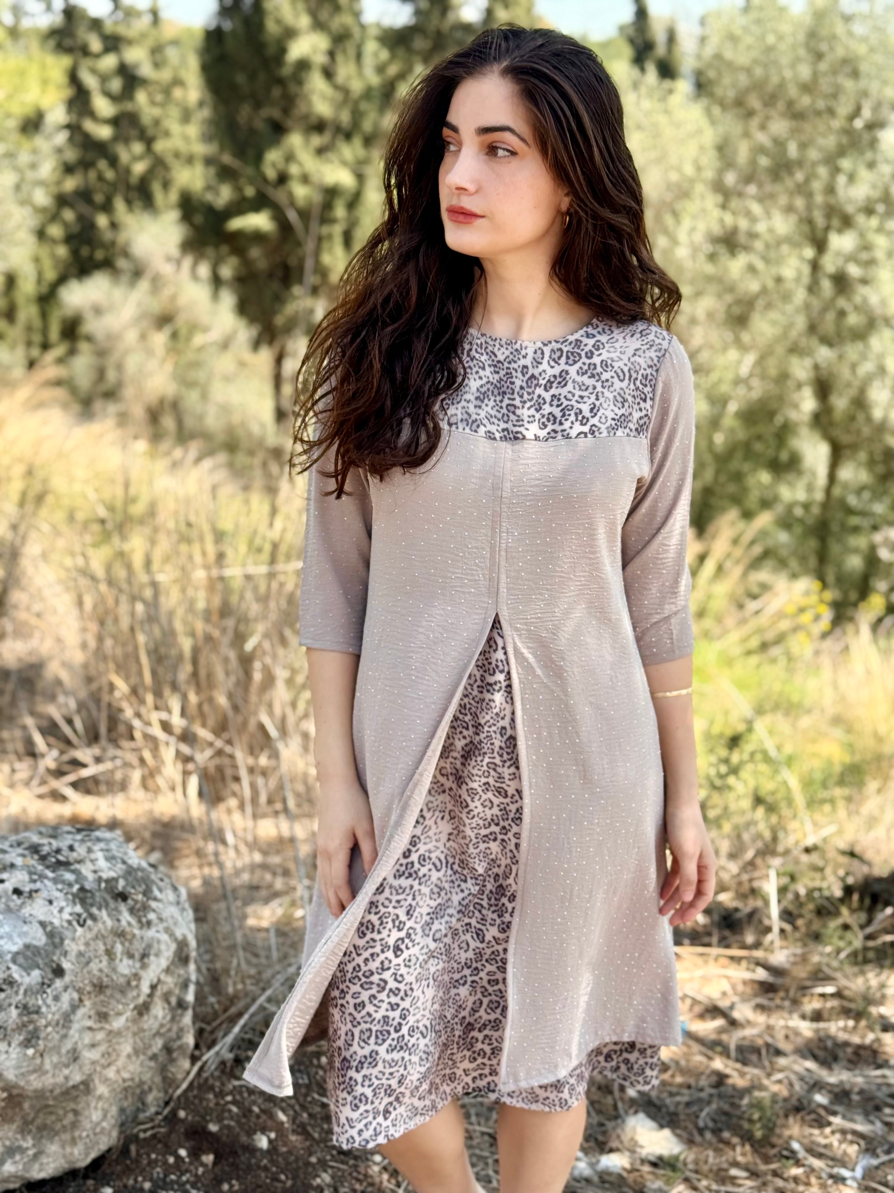 שמלת עדנה בז׳ קריסטל ומנומר (7819559305392)