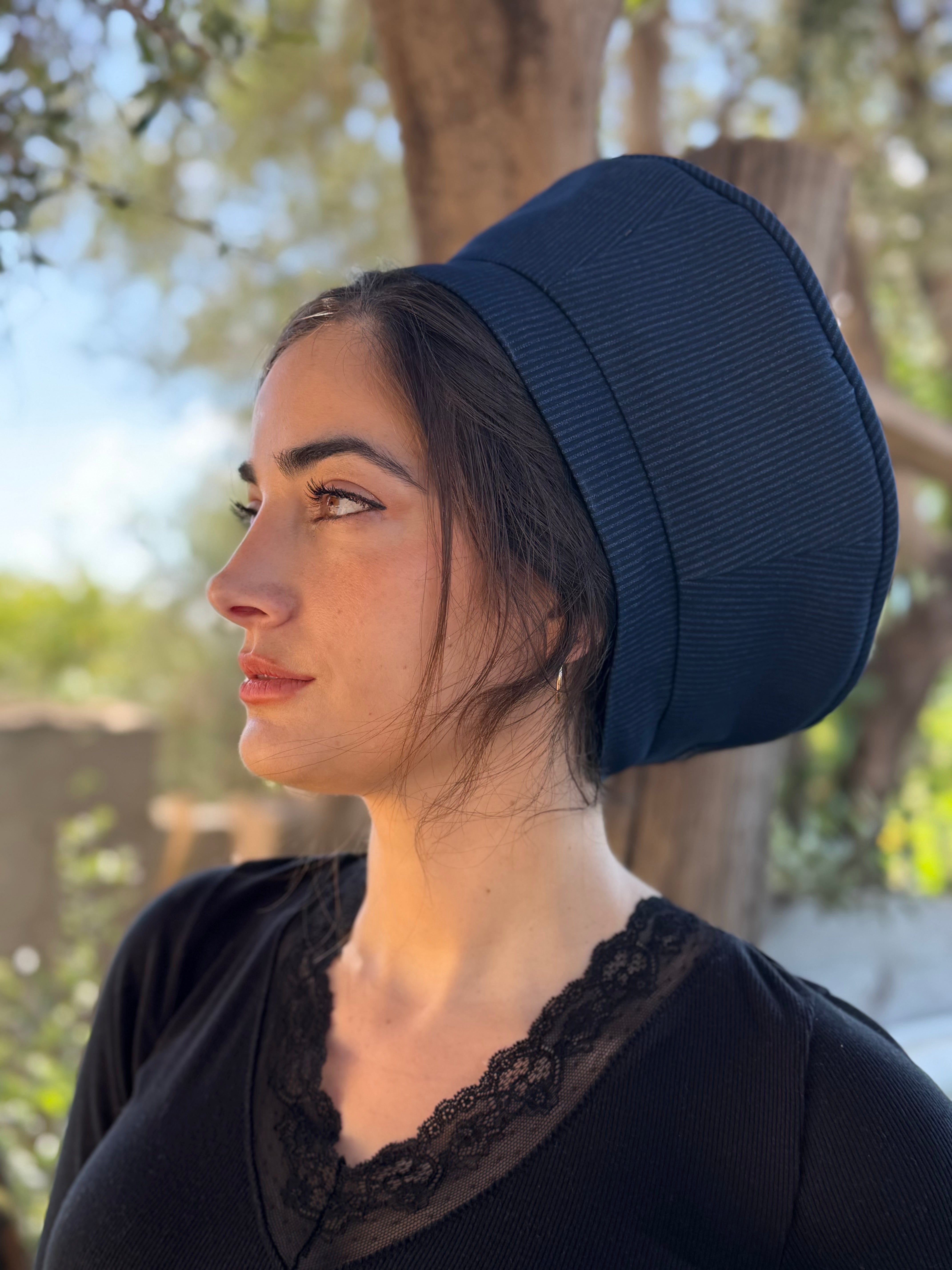 כובע שיק כותנה נייבי פסים