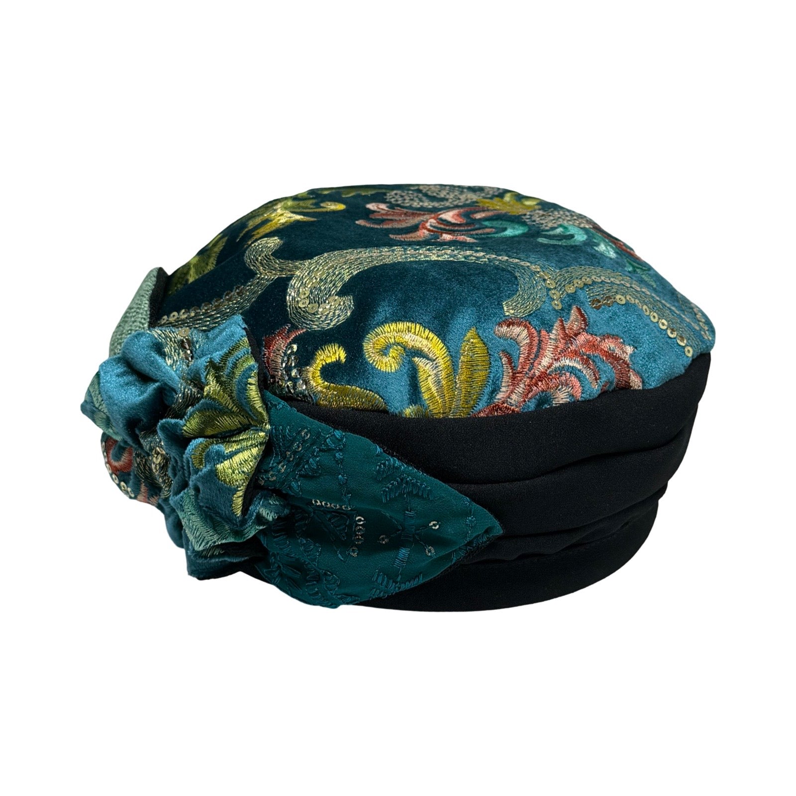 ברט קלאסי פרח רקום טורקיז קטיפה