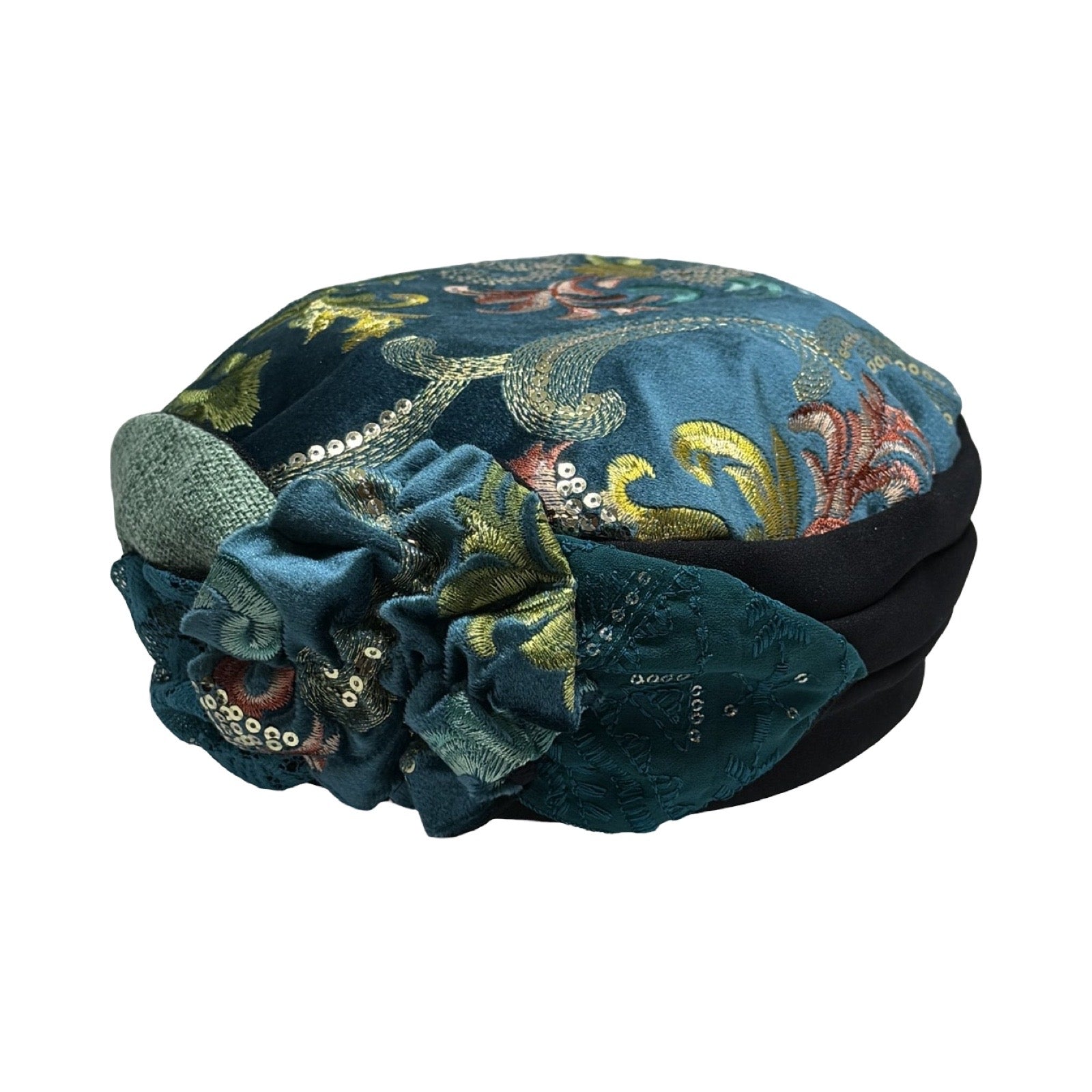 ברט קלאסי פרח רקום טורקיז קטיפה