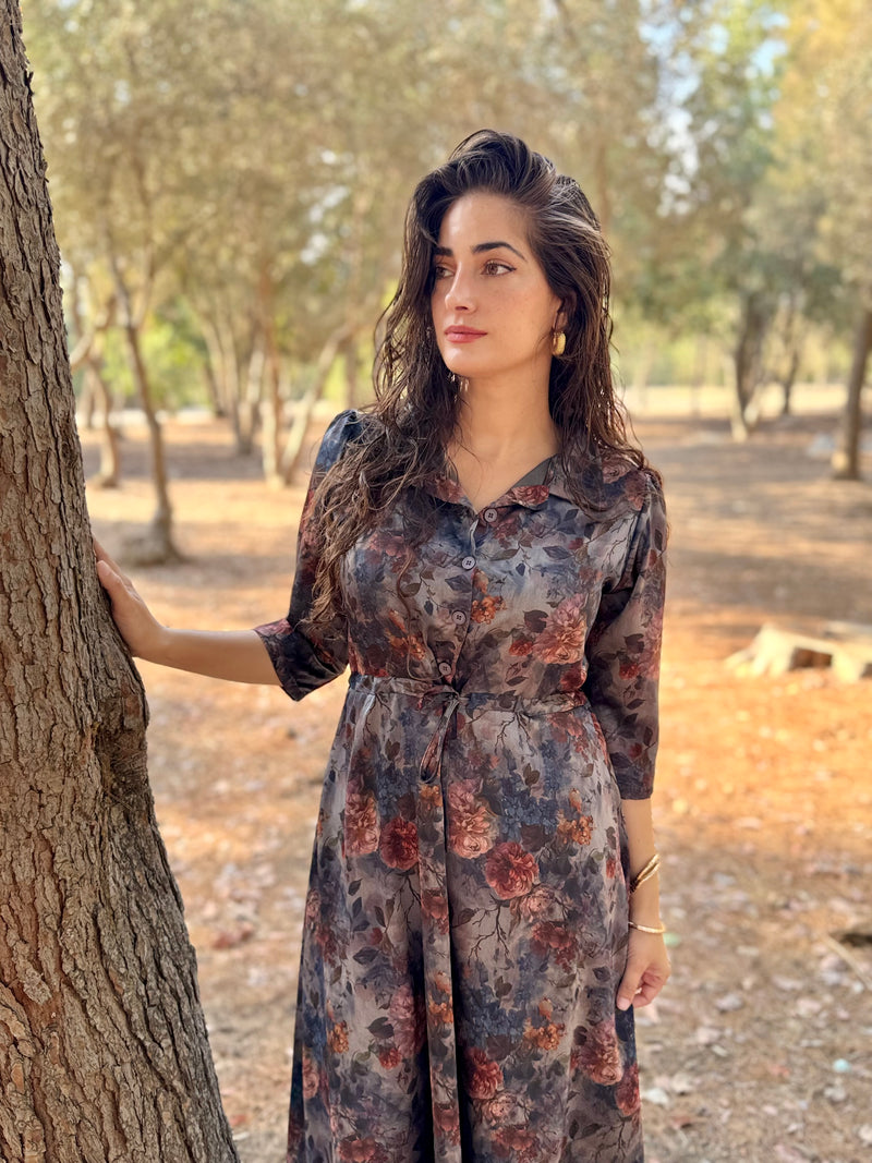 שמלת אריאנה סאטן מודפס פרחוני (7952747987120)