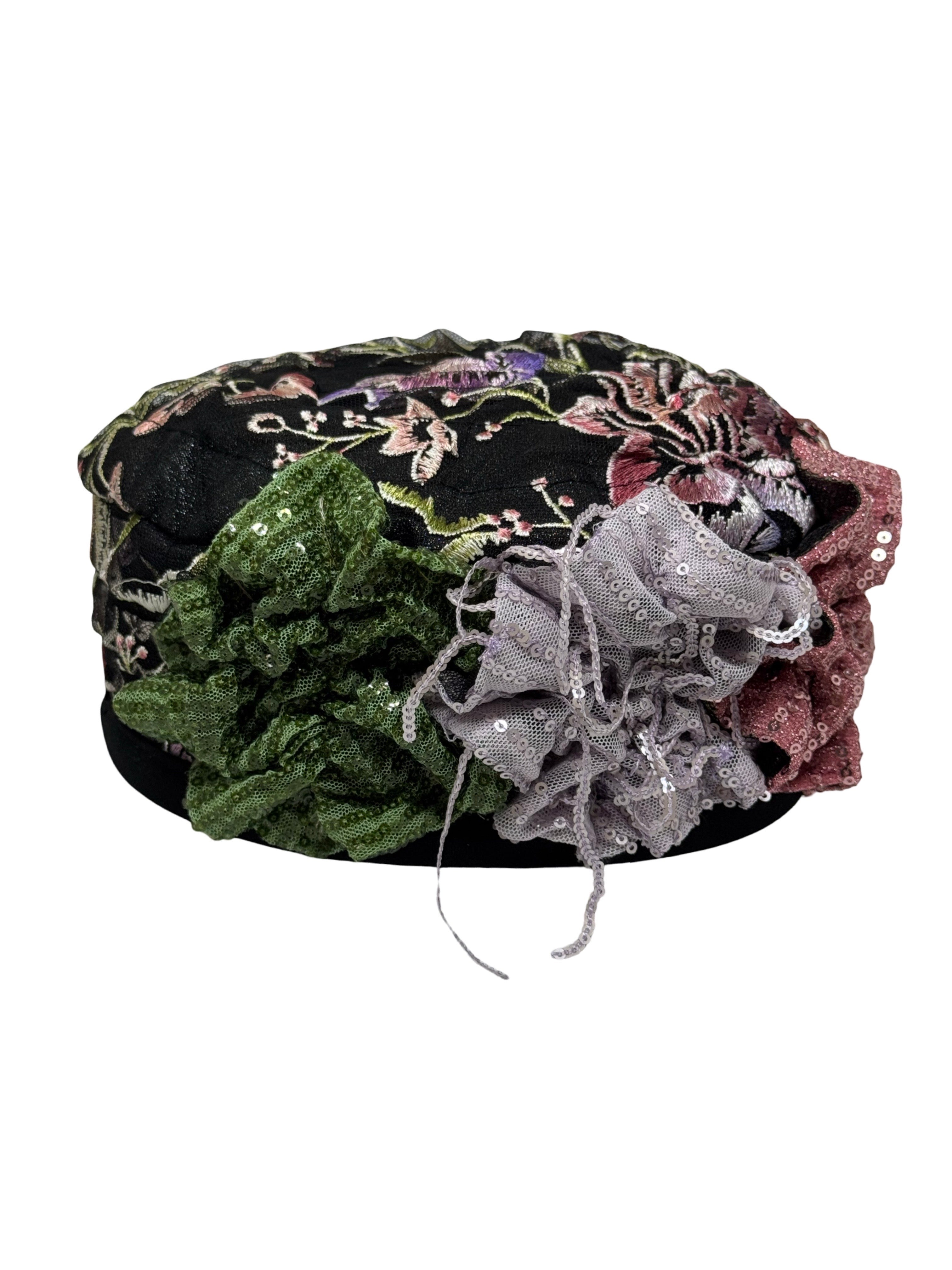 ברט מכווץ רקום פרחים ורוד ירוק (7936220627120)