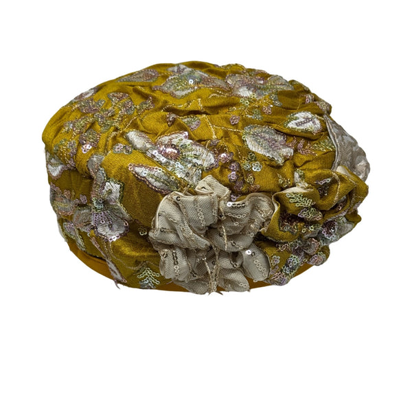 ברט מכווץ רקום פרחים חרדל זהב