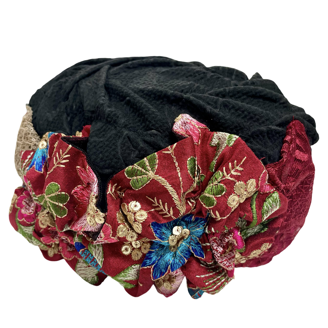 ⁨⁨⁨⁨⁨⁨⁨⁨⁨⁨⁨⁨⁨⁨⁨ברט מכווץ פרחים שחור בורדו רקום (7903262802096)