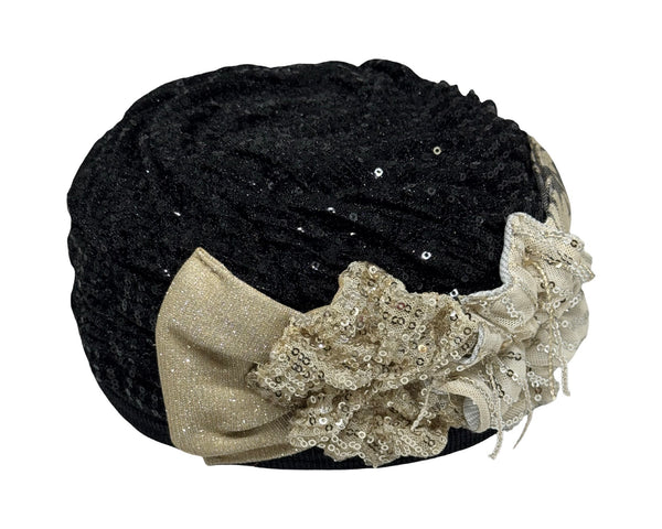 ברט מכווץ פרחים פייטים שחור שמפניה