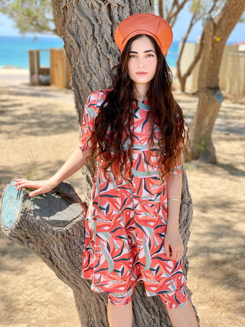 ⁨⁨⁨⁨⁨⁨סט בגד ים ריף שמלה+טייץ טרופי כתום⁩⁩⁩⁩⁩⁩ (7338821714096)